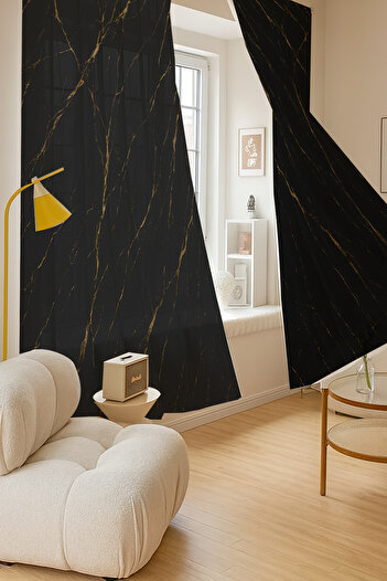 Else Dekor Yellow Black Marble Patterned Double Winged Tulle Curtain Living Room Hall Kitchen 140X260Cm