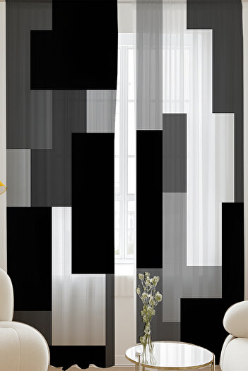 Else Dekor Black Gray Block Geometric Patterned Double Winged Tulle Curtain Living Room Hall Kitchen 140X260Cm