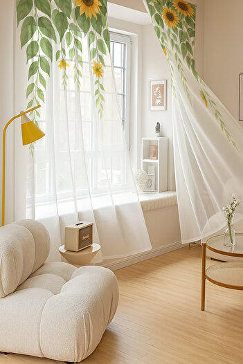 Else Dekor Green Leaf Sunflower Patterned Double Winged Tulle Curtain Living Room Hall Kitchen 140X260Cm