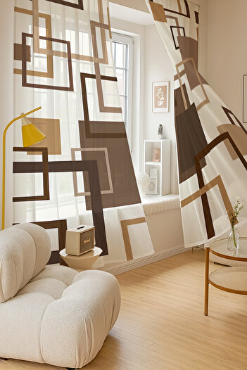 Else Dekor Brown Geometric Square Patterned Double Winged Tulle Curtain Living Room Hall Kitchen 140X260Cm