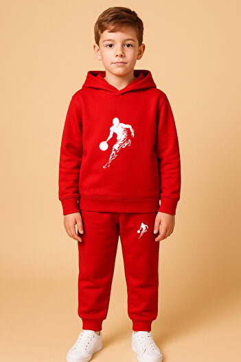Let's Wear Basketball Player Printed Children's Hooded Premium Compact Sweatshirt Tracksuit Set - 2 Piece Sports Set