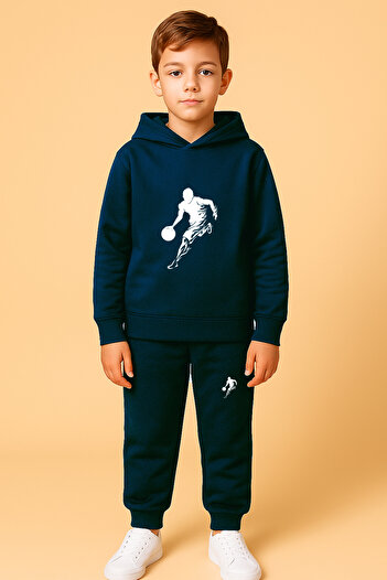 Let's Wear Basketball Player Printed Children's Hooded Premium Compact Sweatshirt Tracksuit Set - 2 Piece Sports Set