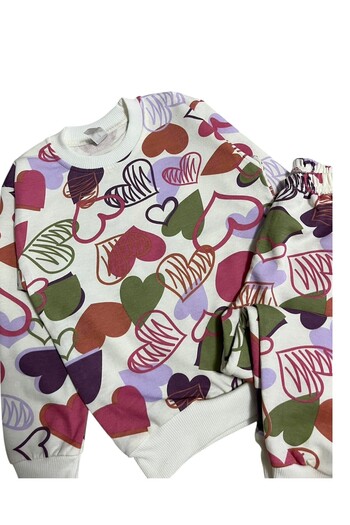 Fil Kids Girl's Cotton Ecru Color Heart Patterned Long Sleeve Pajama Set