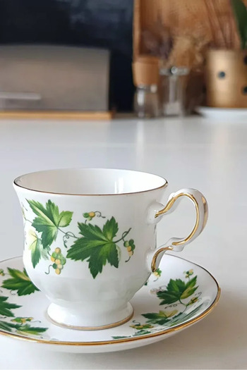 ABBETC Queen Anne Bone China Green Leaf Patterned Double Coffee Cup 2 Pieces 120 ml
