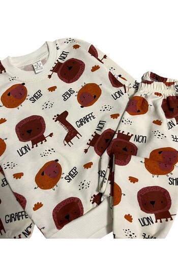 Fil Kids Set de pijamale cu mânecă lungă pentru băieți, din bumbac, culoare ecru, cu model girafă, oaie și leu
