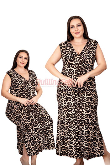 quilling Leopard Print Thick Strap Sleeve 7250 Women's Strap Neck Plus Size Mother Dress, Nightgown