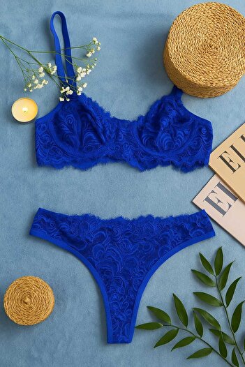İntive Lingerie Set elegant de sutien și tanga din dantelă albastră transparentă