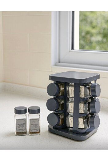 Pembelia Life Set of 12 Glass Spice Jars with Rotating Stand, Gray Color Spice Jar Set with Stand