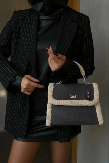 Assia Atelier Gray Color Women's Plush Detailed Soft Textured Shoulder and Shoulder Bag - Winter Model