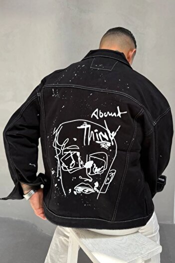 MADZEYMODA Men's Comfortable Fit Denim Fabric Stitching Detailed Back Printed Black Jean Denim Jacket Mz618
