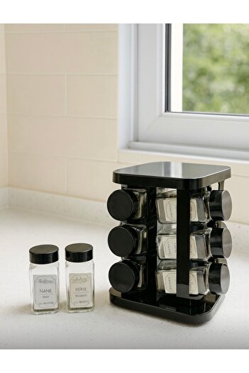 Pembelia Life Rotating stand 12-piece glass spice rack set black color stand spice rack set