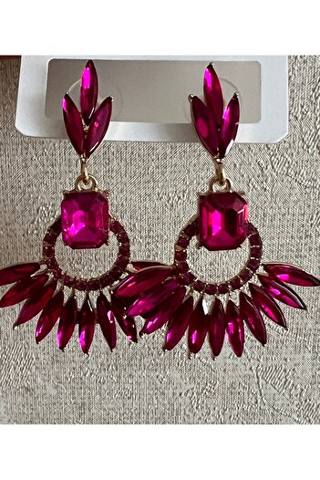 tones official High Quality Big-Long Crystal Stone Fuchsia Pink Drop Earrings