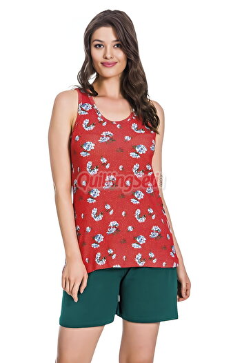 quilling Red Green Color Floral Patterned 7656 Cotton Viscose Lycra Strap Neck Shorts Pajama Set