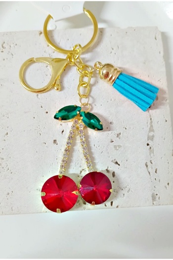 mos&more Gold Cherry Keychain with Stones, Bag Ornament, Bag Accessory, Car Ornament