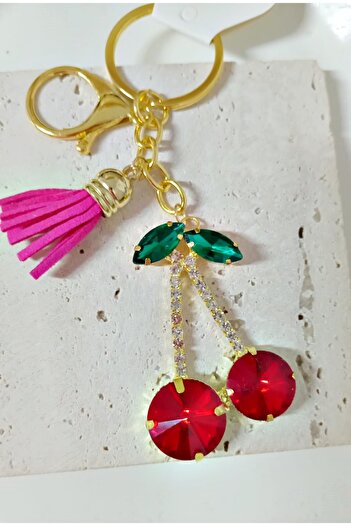 mos&more Gold Cherry Keychain with Stones, Bag Ornament, Bag Accessory, Car Ornament
