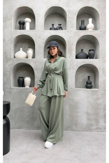 Cardella Premium Quality Women's Double Set with Pleated Detail Wide Leg Pants