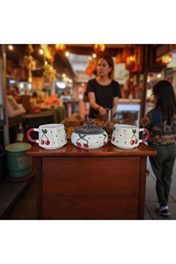 İlbay Çini Takı 2 Handcrafted Ceramic Mugs with Cherry Pattern and 1 Poyraz Sugar Bowl