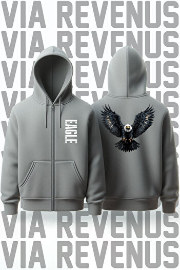 Vordevia Eagle Front and Back Printed Unisex Zippered Hooded Sweatshirt Cardigan