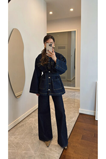 BRTC design Women's Denim Navy Blue Pocket Detailed Jacket Pants Set