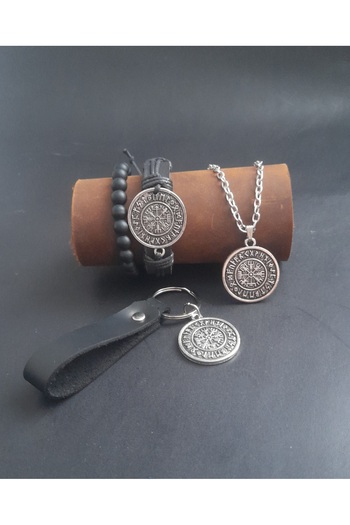 BSN Store 4 Piece Khaki Leather Bracelet Keychain and Necklace Set with Compass and Vejvisir Figures