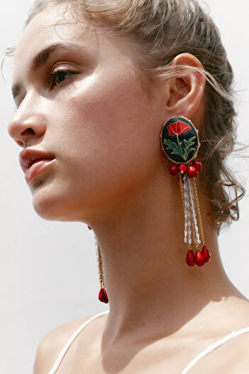 Bo Takı ve Aksesuar Button Flower Beaded Earrings