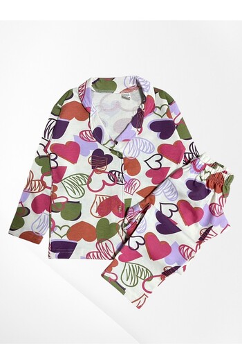 Pajama Shop Girl's 100% Cotton Ecru Colored Hearts Patterned Shirt Collar Buttoned Pajama Set