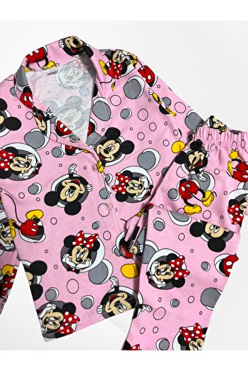Pajama Shop Girl's 100% Cotton Pink Color Cute Mouse Patterned Shirt Collar Buttoned Pajama Set