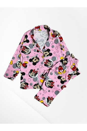 Pajama Shop Girl's 100% Cotton Pink Color Cute Mouse Patterned Shirt Collar Buttoned Pajama Set