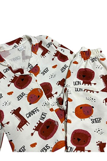 Pajama Shop Boy's 100% Cotton Ecru Color Giraffe Sheep Lion Patterned Shirt Collar Buttoned Pajama Set