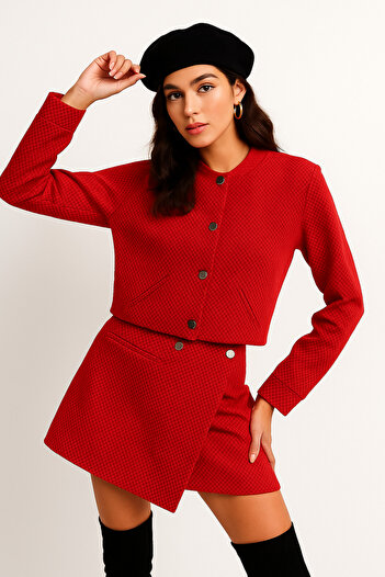Rich Women's Red Oversize Jacket Shorts Skirt Set