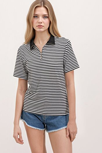 Hiccup Bdart Striped Zipper Collar T-Shirt