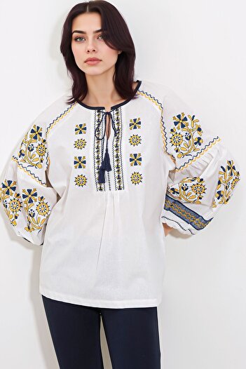 Hiccup Bdart Pin Detailed Tie-Up Round Neck Blouse