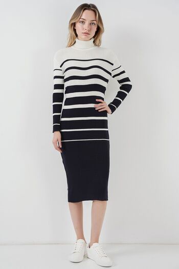 Hiccup Bdart Striped Ribbed Collar Midi Knitwear Dress