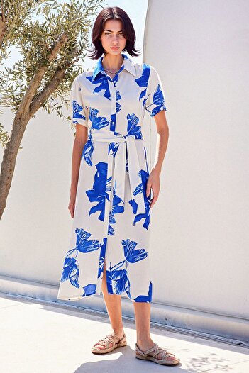 Hiccup Bdart Floral Print Midi Dress with Belt and Shirt Collar