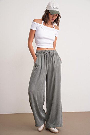 Mixray 4697 Women's Vintage Lace-Up Satin Wide Leg Palazzo Pants Khaki