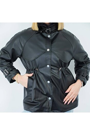 VESS MODA Women's Leather Coat with Drawstring Detail at the Collar and Fur Inside