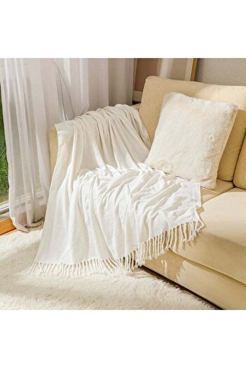 fun zone Knitted Throw Blankets for Couch and Bed 127*178, Soft Cozy Knit Blanket with Tassel, Off White Ligh