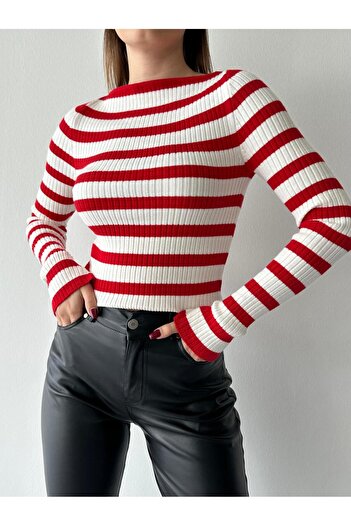 SBL COLLECTİON Striped Soft Textured Boat Neck Knitwear