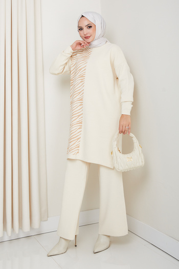 Kirazgym Half Zebra Detailed Comfortable Fit Women's Tunic and Pants Hijab Knitwear Set