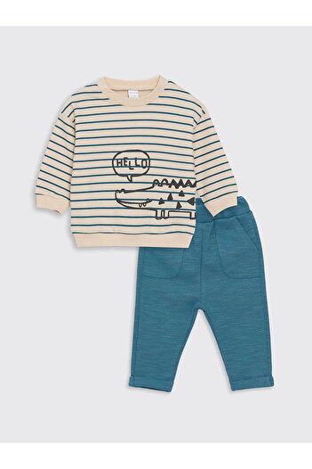 LC Waikiki Lcw Baby Ecru Printed Baby Boy Sweatshirt and Sweatpants Set of 2