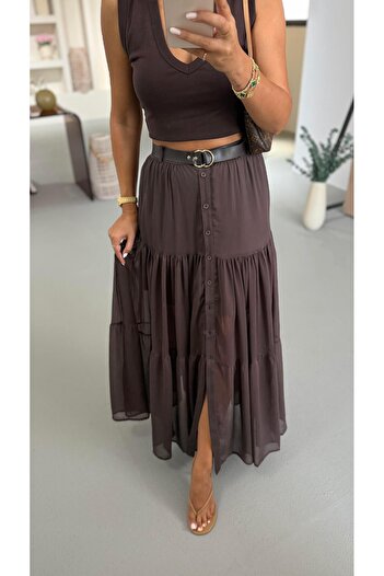 Sezgi Tekin Belted Full Buttoned Brown Chiffon Skirt