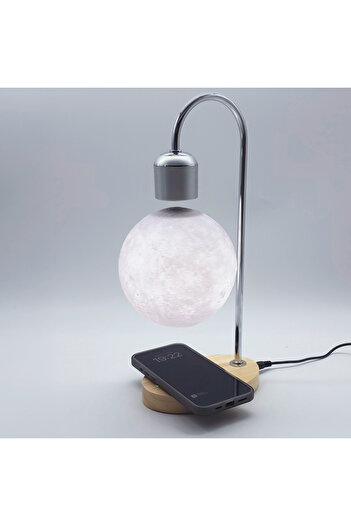 OEM Levitating Moon Lamp with Wireless Charging, Anti-fall LED, Touch On/Off, Silver/Wood