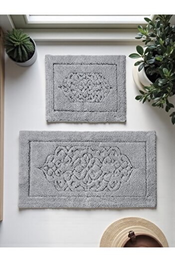 df home Kotonique Cotton Bath Mat Set (60X100)(50X60) Gray-001