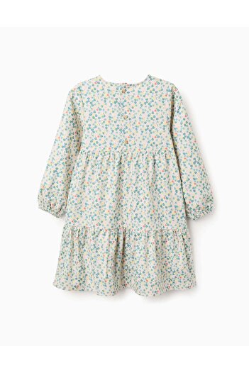 Ziddy Long sleeve cotton dress with floral pattern for girls, beige