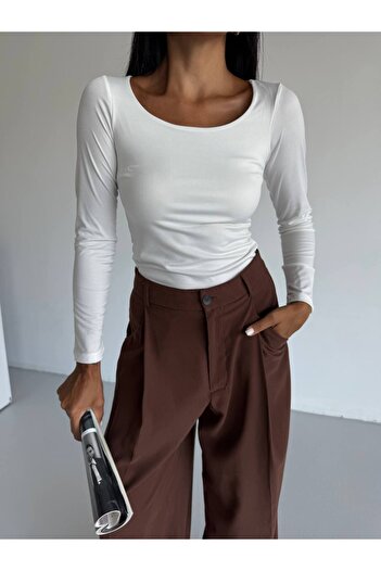 sencicollection Square Neck Long Sleeve Sandy Fabric Blouse