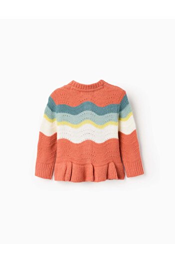 Ziddy Cardigan with Wavy Stripes for Baby Girls, Orange/Green