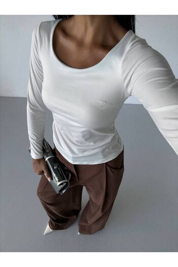 sencicollection Square Neck Long Sleeve Sandy Fabric Blouse