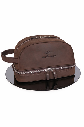KANGAROO KINGDOM Portfolio Travel Handbag Grooming Products Organizer Brown Crazy Horse Genuine Leather 6577-Zk