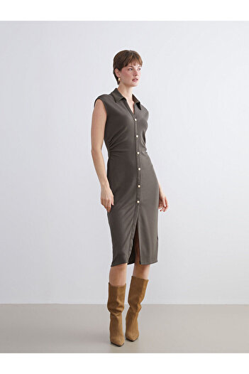 LC Waikiki Brown Shirred Shirt Dress
