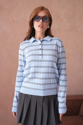 DONNA LISSA Striped Polo Neck Buttoned Oversize Knitwear Sweater